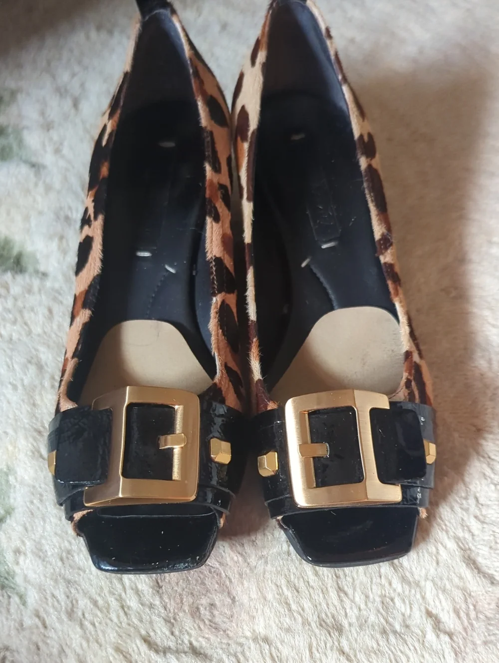 BCBGMaxAzria Leopard-Print Flats with Black Patent & Gold Buckle